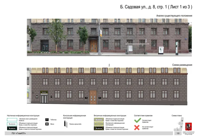 Б. Садовая ул., д. 8, стр. 1 ( Лист 1 из 3 ) · PDF 122 Архитектурная концепция размещения вывесок — Большая садовая улица, 8, стр. 1, Москва, лист 1 из 3 · Документ по адресу · Архитектурно-художественная концепция