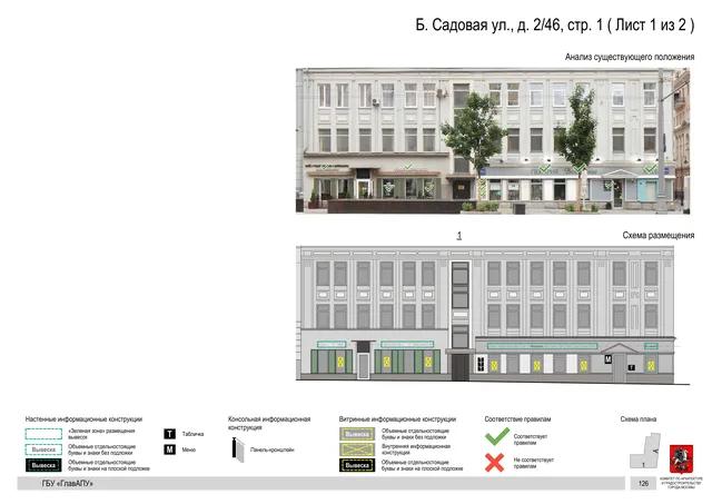 Архитектурная концепция размещения вывесок — Большая садовая улица, 2/46, стр. 1, Москва, лист 1 из 2 · Документ по адресу · Архитектурно-художественная концепция