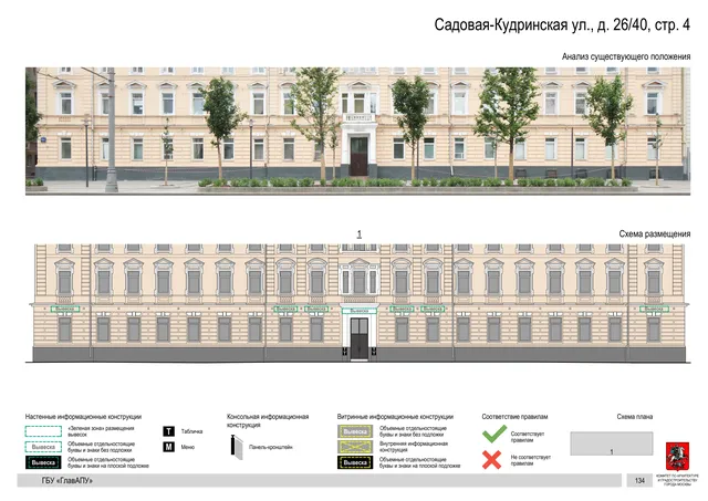 Садовая-Кудринская ул., д. 26/40, стр. 4 · PDF 136 Архитектурная концепция размещения вывесок — Садовая-кудринская улица, 26/40, стр. 4, Москва, страница PDF 136 · Документ по адресу · Архитектурно-художественная концепция