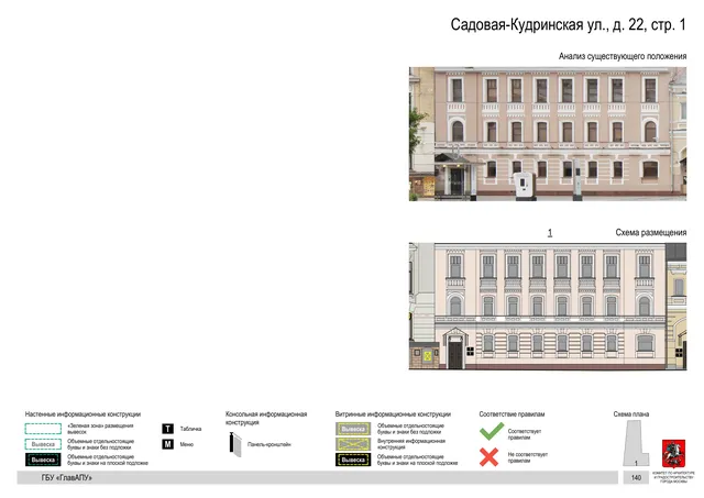 Архитектурная концепция размещения вывесок — Садовая-кудринская улица, 22, стр. 1, Москва, страница PDF 142 · Документ по адресу · Архитектурно-художественная концепция