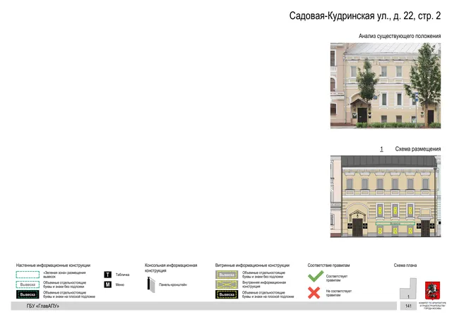 Архитектурная концепция размещения вывесок — Садовая-кудринская улица, 22, стр. 2, Москва, страница PDF 143 · Документ по адресу · Архитектурно-художественная концепция