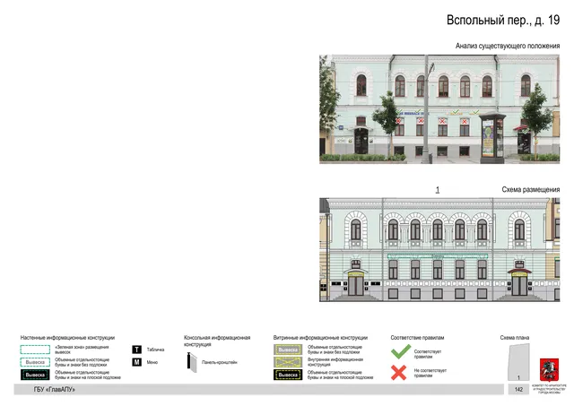 Вспольный пер., д. 19 · PDF 144 Архитектурная концепция размещения вывесок — Вспольный переулок, 19, Москва, страница PDF 144 · Документ по адресу · Архитектурно-художественная концепция