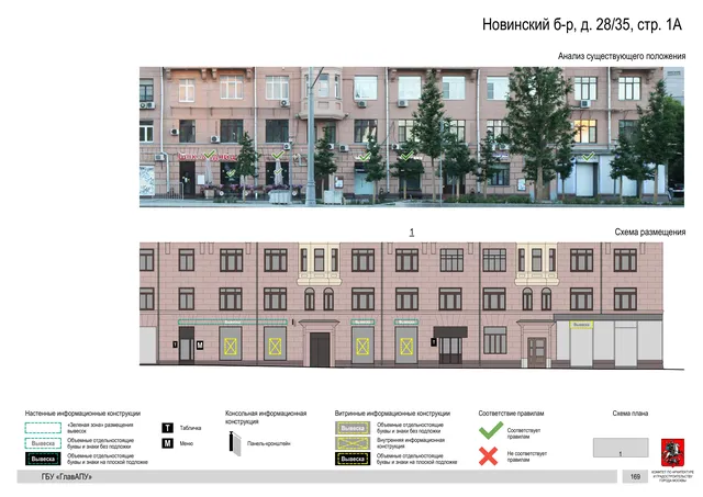 Новинский б-р, д. 28/35, стр. 1А · PDF 171 Архитектурная концепция размещения вывесок — Новинский бульвар, 28/35, стр. 1А, Москва, страница PDF 171 · Документ по адресу · Архитектурно-художественная концепция