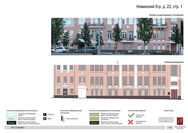 Новинский б-р, д. 22, стр. 1 · PDF 172 Архитектурная концепция размещения вывесок — Новинский бульвар, 22, стр. 1, Москва, страница PDF 172 · Документ по адресу · Архитектурно-художественная концепция