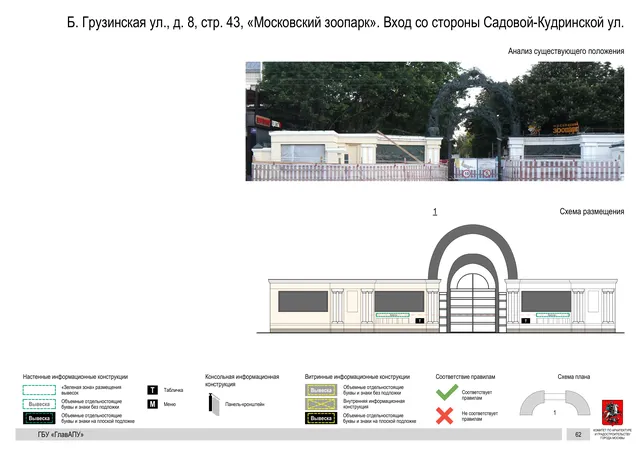 Б. Грузинская ул., д. 8, стр. 43, «Московский зоопарк». Вход со стороны Садовой-Кудринской ул. · PDF 64 Архитектурная концепция размещения вывесок — Б грузинская улица, 8, стр. 43, Москва, страница PDF 64 · Документ по адресу · Архитектурно-художественная концепция
