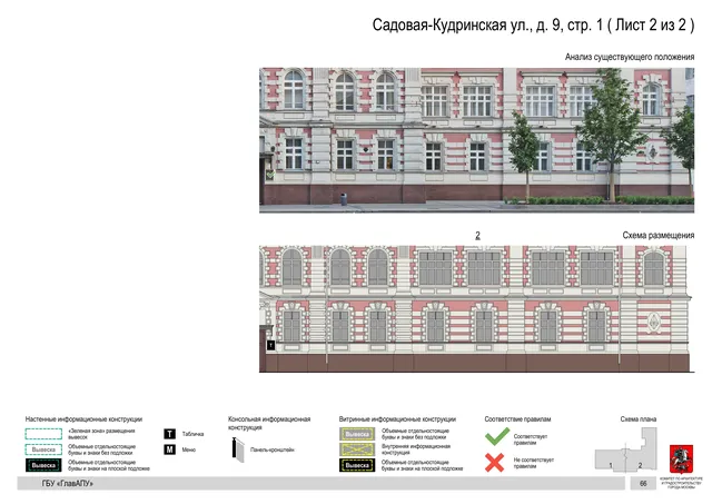 Садовая-Кудринская ул., д. 9, стр. 1 ( Лист 2 из 2 ) · PDF 68 Архитектурная концепция размещения вывесок — Садовая-кудринская улица, 9, стр. 1, Москва, лист 2 из 2 · Документ по адресу · Архитектурно-художественная концепция