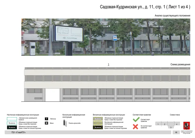 Архитектурная концепция размещения вывесок — Садовая-кудринская улица, 11, стр. 1, Москва, лист 1 из 4 · Документ по адресу · Архитектурно-художественная концепция