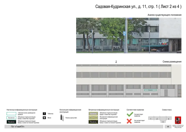 Архитектурная концепция размещения вывесок — Садовая-кудринская улица, 11, стр. 1, Москва, лист 2 из 4 · Документ по адресу · Архитектурно-художественная концепция