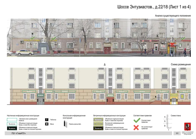 Архитектурная концепция размещения вывесок — Энтузиастов шоссе, 22/18, Москва, лист 1 из 4 · Документ по адресу · Архитектурно-художественная концепция · 2020 год