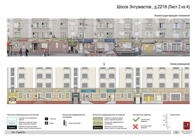Архитектурная концепция размещения вывесок — Энтузиастов шоссе, 22/18, Москва, лист 2 из 4 · Документ по адресу · Архитектурно-художественная концепция · 2020 год