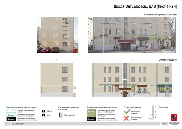 Архитектурная концепция размещения вывесок — Энтузиастов шоссе, 18, Москва, лист 1 из 4 · Документ по адресу · Архитектурно-художественная концепция · 2020 год