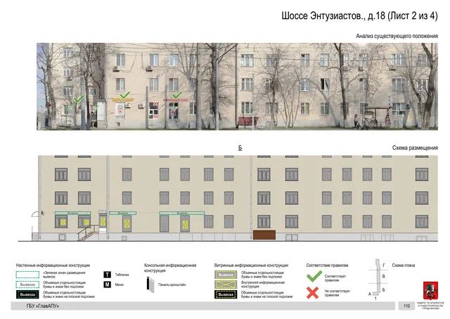 Архитектурная концепция размещения вывесок — Энтузиастов шоссе, 18, Москва, лист 2 из 4 · Документ по адресу · Архитектурно-художественная концепция · 2020 год