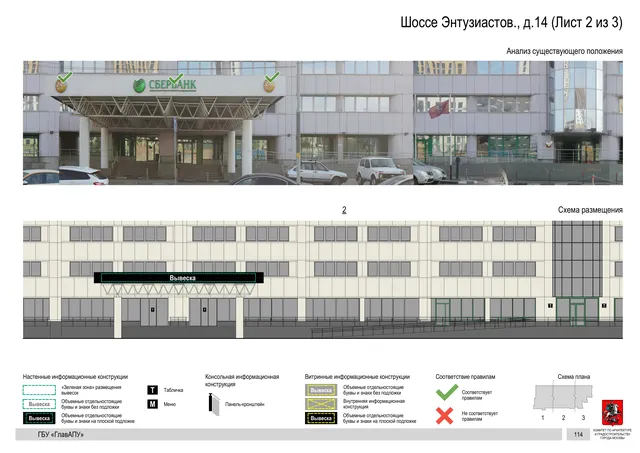 Архитектурная концепция размещения вывесок — Энтузиастов шоссе, 14, Москва, лист 2 из 3 · Документ по адресу · Архитектурно-художественная концепция · 2020 год