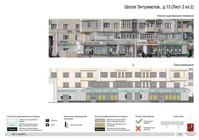 Архитектурная концепция размещения вывесок — Энтузиастов шоссе, 13, Москва, лист 2 из 2 · Документ по адресу · Архитектурно-художественная концепция · 2020 год