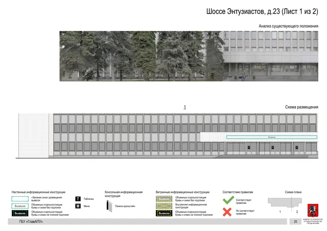 Архитектурная концепция размещения вывесок — Энтузиастов шоссе, 23, Москва, лист 1 из 2 · Документ по адресу · Архитектурно-художественная концепция · 2020 год