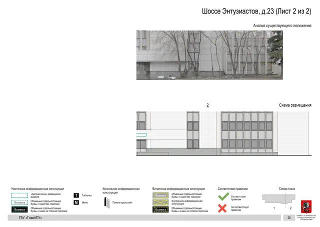 Архитектурная концепция размещения вывесок — Энтузиастов шоссе, 23, Москва, лист 2 из 2 · Документ по адресу · Архитектурно-художественная концепция · 2020 год