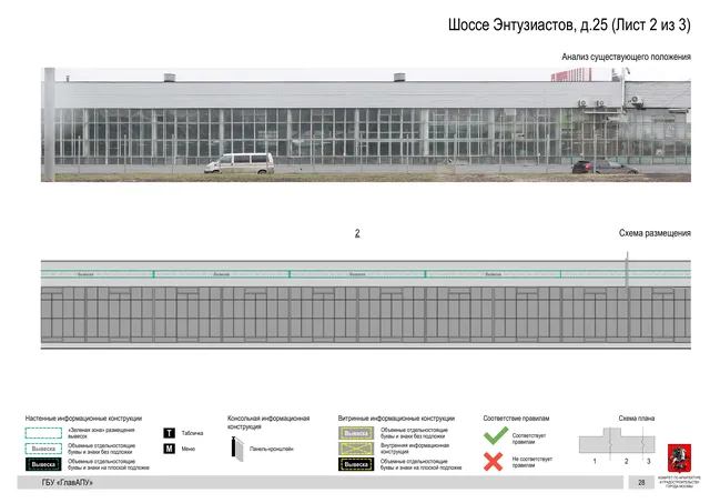 Архитектурная концепция размещения вывесок — Энтузиастов шоссе, 25, Москва, лист 2 из 3 · Документ по адресу · Архитектурно-художественная концепция · 2020 год