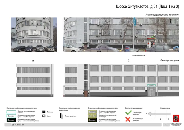 Архитектурная концепция размещения вывесок — Энтузиастов шоссе, 31, Москва, лист 1 из 3 · Документ по адресу · Архитектурно-художественная концепция · 2020 год