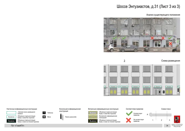 Архитектурная концепция размещения вывесок — Энтузиастов шоссе, 31, Москва, лист 3 из 3 · Документ по адресу · Архитектурно-художественная концепция · 2020 год