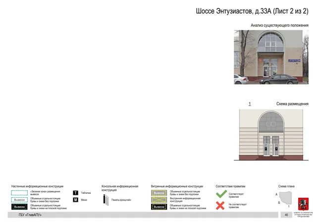 Архитектурная концепция размещения вывесок — Энтузиастов шоссе, 33А, Москва, лист 2 из 2 · Документ по адресу · Архитектурно-художественная концепция · 2020 год