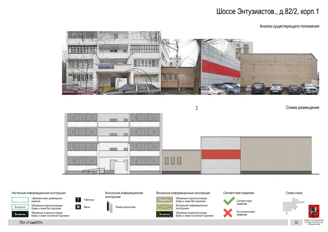 Архитектурная концепция размещения вывесок — Энтузиастов шоссе, 82/2, корп. 1, Москва, страница PDF 55 · Документ по адресу · Архитектурно-художественная концепция · 2020 год