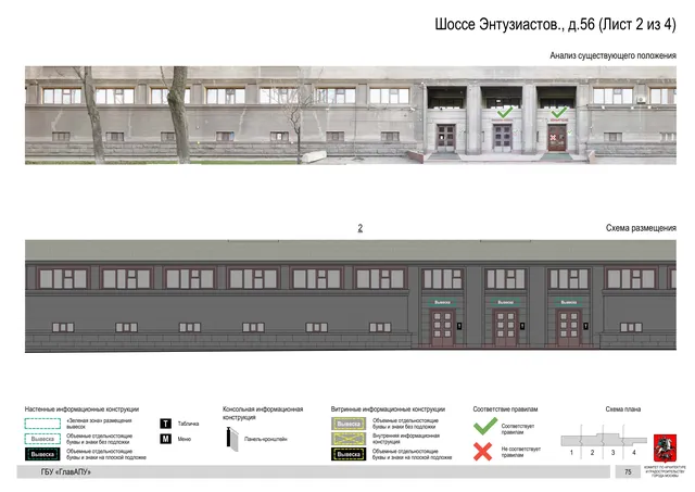 Архитектурная концепция размещения вывесок — Энтузиастов шоссе, 56, Москва, лист 2 из 4 · Документ по адресу · Архитектурно-художественная концепция · 2020 год