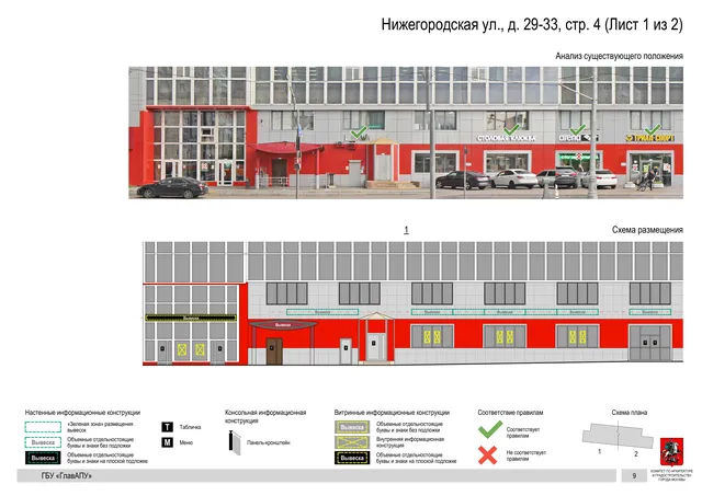 Архитектурная концепция размещения вывесок — Нижегородская улица, 29-33, стр. 4, Москва, лист 1 из 2 · Документ по адресу · Архитектурно-художественная концепция · 2020 год