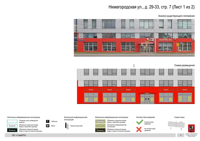 Архитектурная концепция размещения вывесок — Нижегородская улица, 29-33, стр. 7, Москва, лист 1 из 2 · Документ по адресу · Архитектурно-художественная концепция · 2020 год