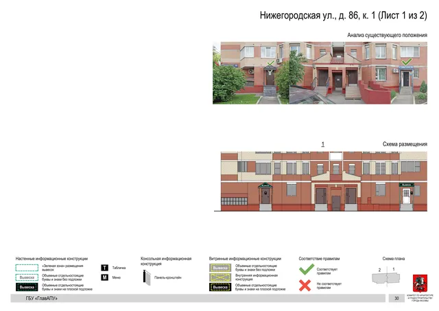 Архитектурная концепция размещения вывесок — Нижегородская улица, 86, корп. 1, Москва, лист 1 из 2 · Документ по адресу · Архитектурно-художественная концепция · 2020 год