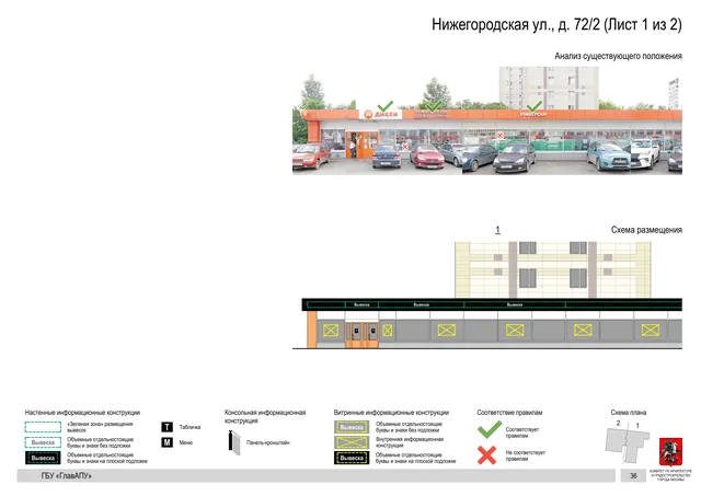 Архитектурная концепция размещения вывесок — Нижегородская улица, 72/2, Москва, лист 1 из 2 · Документ по адресу · Архитектурно-художественная концепция · 2020 год