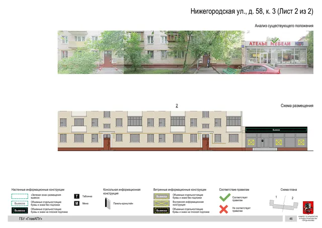 Архитектурная концепция размещения вывесок — Нижегородская улица, 58, корп. 3, Москва, лист 2 из 2 · Документ по адресу · Архитектурно-художественная концепция · 2020 год