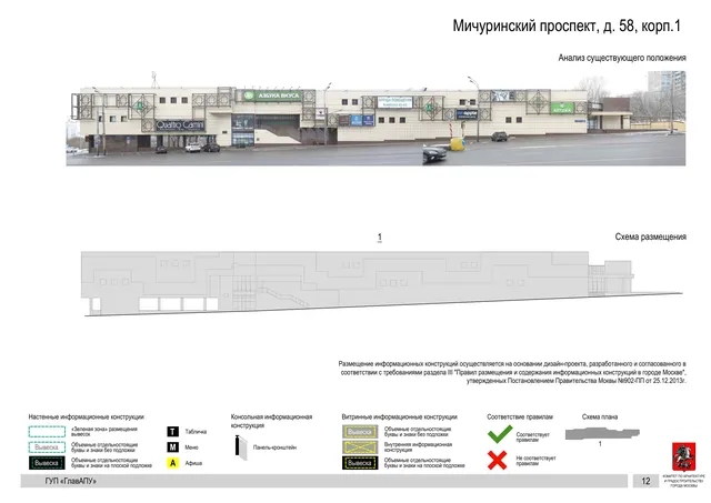 Архитектурная концепция размещения вывесок — Мичуринский проспект, 58, корп. 1, Москва, страница PDF 12 · Документ по адресу · Архитектурно-художественная концепция · 2016 год