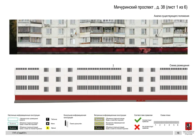 Архитектурная концепция размещения вывесок — Мичуринский проспект, 38, Москва, лист 1 из 6 · Документ по адресу · Архитектурно-художественная концепция · 2016 год