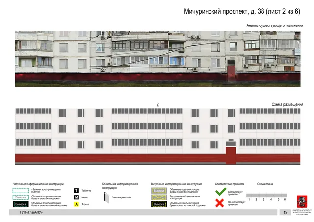 Архитектурная концепция размещения вывесок — Мичуринский проспект, 38, Москва, лист 2 из 6 · Документ по адресу · Архитектурно-художественная концепция · 2016 год