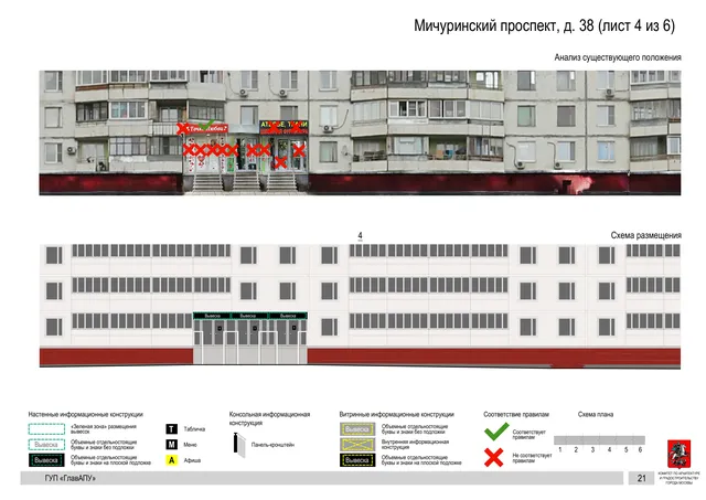 Архитектурная концепция размещения вывесок — Мичуринский проспект, 38, Москва, лист 4 из 6 · Документ по адресу · Архитектурно-художественная концепция · 2016 год