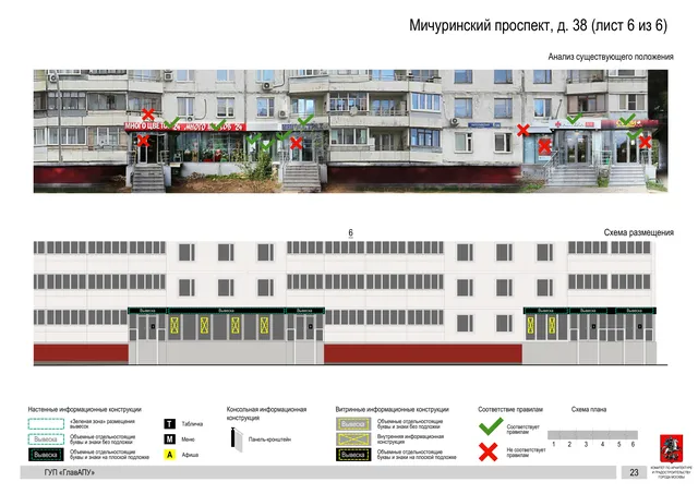 Архитектурная концепция размещения вывесок — Мичуринский проспект, 38, Москва, лист 6 из 6 · Документ по адресу · Архитектурно-художественная концепция · 2016 год