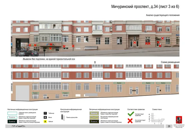 Архитектурная концепция размещения вывесок — Мичуринский проспект, 34, Москва, лист 3 из 6 · Документ по адресу · Архитектурно-художественная концепция · 2016 год