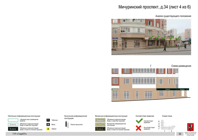 Архитектурная концепция размещения вывесок — Мичуринский проспект, 34, Москва, лист 4 из 6 · Документ по адресу · Архитектурно-художественная концепция · 2016 год