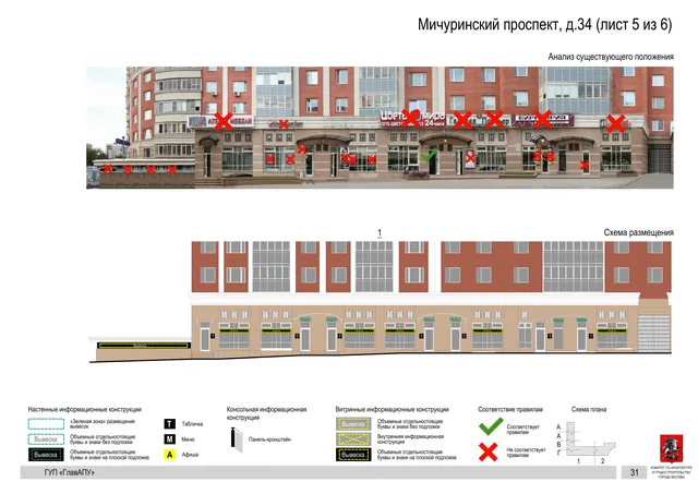 Архитектурная концепция размещения вывесок — Мичуринский проспект, 34, Москва, лист 5 из 6 · Документ по адресу · Архитектурно-художественная концепция · 2016 год