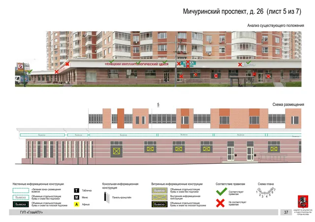 Архитектурная концепция размещения вывесок — Мичуринский проспект, 26, Москва, лист 5 из 7 · Документ по адресу · Архитектурно-художественная концепция · 2016 год