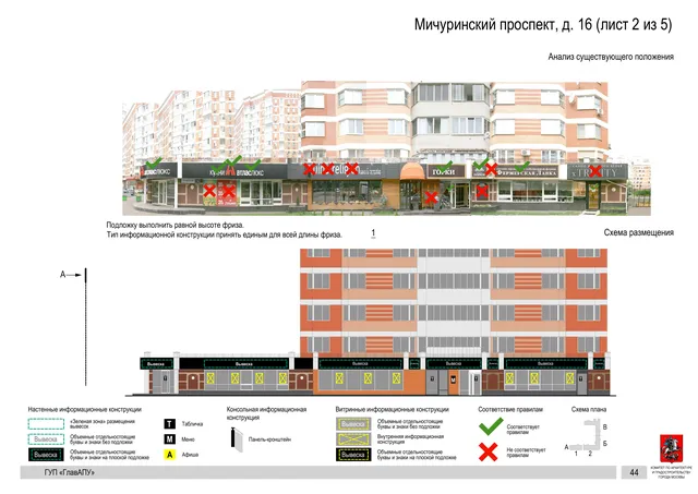 Архитектурная концепция размещения вывесок — Мичуринский проспект, 16, Москва, лист 2 из 5 · Документ по адресу · Архитектурно-художественная концепция · 2016 год