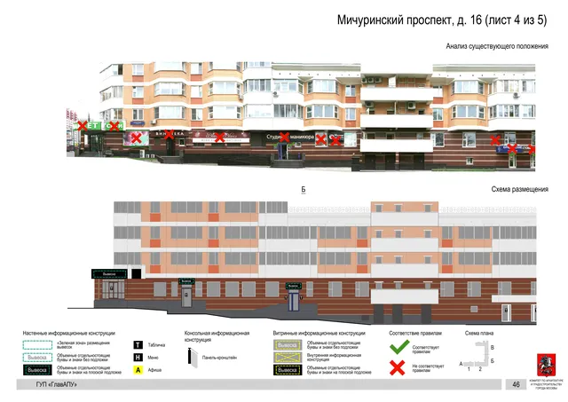 Архитектурная концепция размещения вывесок — Мичуринский проспект, 16, Москва, лист 4 из 5 · Документ по адресу · Архитектурно-художественная концепция · 2016 год