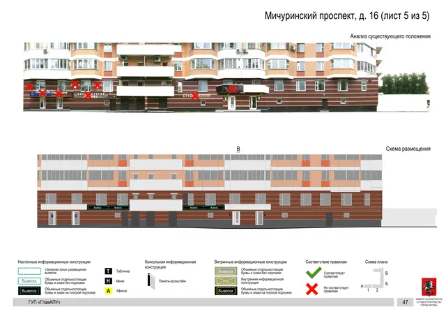 Архитектурная концепция размещения вывесок — Мичуринский проспект, 16, Москва, лист 5 из 5 · Документ по адресу · Архитектурно-художественная концепция · 2016 год