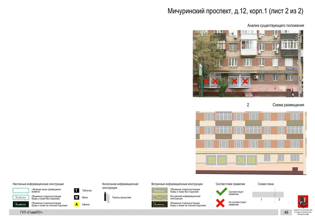 Архитектурная концепция размещения вывесок — Мичуринский проспект, 12, корп. 1, Москва, лист 2 из 2 · Документ по адресу · Архитектурно-художественная концепция · 2016 год