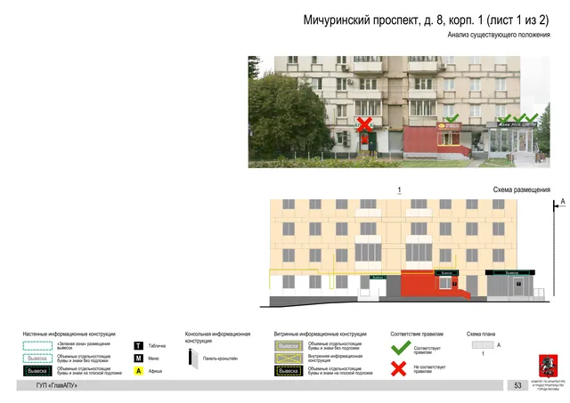Архитектурная концепция размещения вывесок — Мичуринский проспект, 8, корп. 1, Москва, лист 1 из 2 · Документ по адресу · Архитектурно-художественная концепция · 2016 год