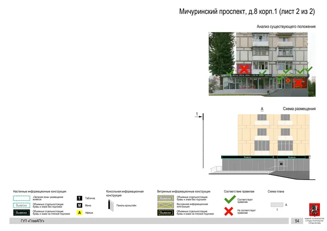 Архитектурная концепция размещения вывесок — Мичуринский проспект, 8, корп. 1, Москва, лист 2 из 2 · Документ по адресу · Архитектурно-художественная концепция · 2016 год