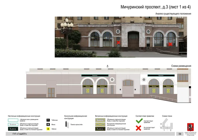 Архитектурная концепция размещения вывесок — Мичуринский проспект, 3, Москва, лист 1 из 4 · Документ по адресу · Архитектурно-художественная концепция · 2016 год