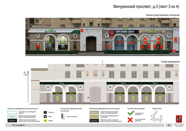 Архитектурная концепция размещения вывесок — Мичуринский проспект, 3, Москва, лист 3 из 4 · Документ по адресу · Архитектурно-художественная концепция · 2016 год