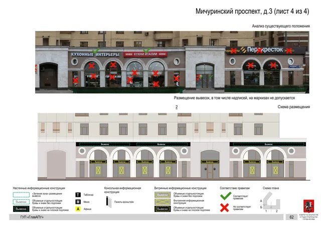 Архитектурная концепция размещения вывесок — Мичуринский проспект, 3, Москва, лист 4 из 4 · Документ по адресу · Архитектурно-художественная концепция · 2016 год