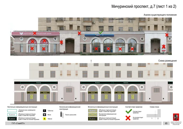 Архитектурная концепция размещения вывесок — Мичуринский проспект, 7, Москва, лист 1 из 2 · Документ по адресу · Архитектурно-художественная концепция · 2016 год